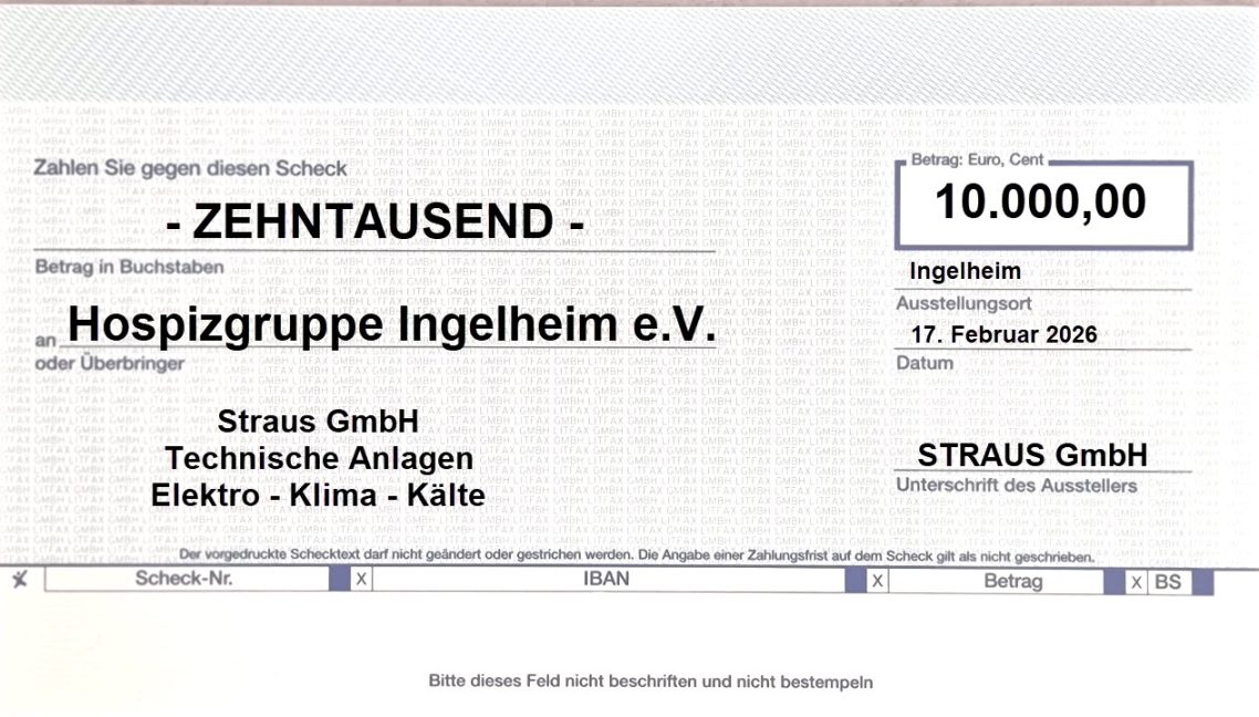 Scheckübergabe Firma Straus GmbH Scheck über 10.000 Euro an die Hospizgruppe Ingelheim e.V. vom 17. Februar 1999.