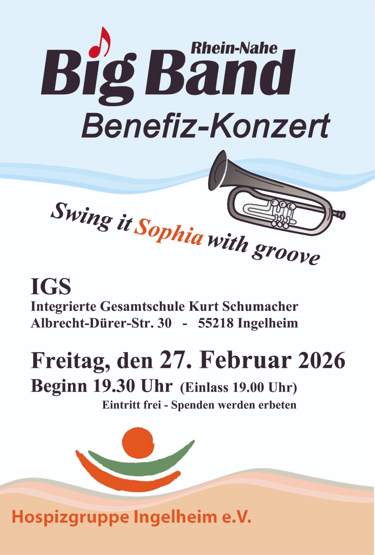 Benefizkonzert der Rhein-Nahe Big Band Plakat für ein Benefizkonzert der Big Band mit Details zu Datum, Uhrzeit und Ort.