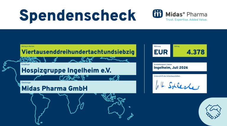 Scheck für die Hospizgruppe Ingelheim e.V. Spendencheck über 4.579 EUR für Hilfsorganisationen, unterschrieben von Milat Pharma.