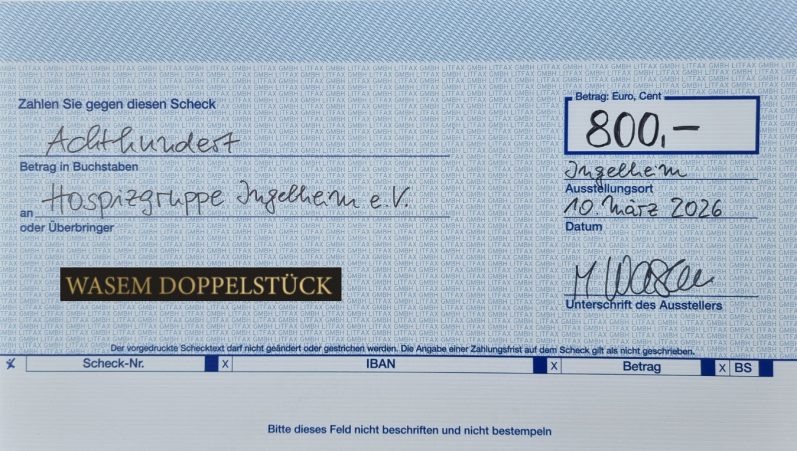 Scheckübergabe von Marie Wasem an die Hospizgruppe Ingelheim Ein Scheck über 800 Euro mit mehreren Unterschriften und Bankdetails.