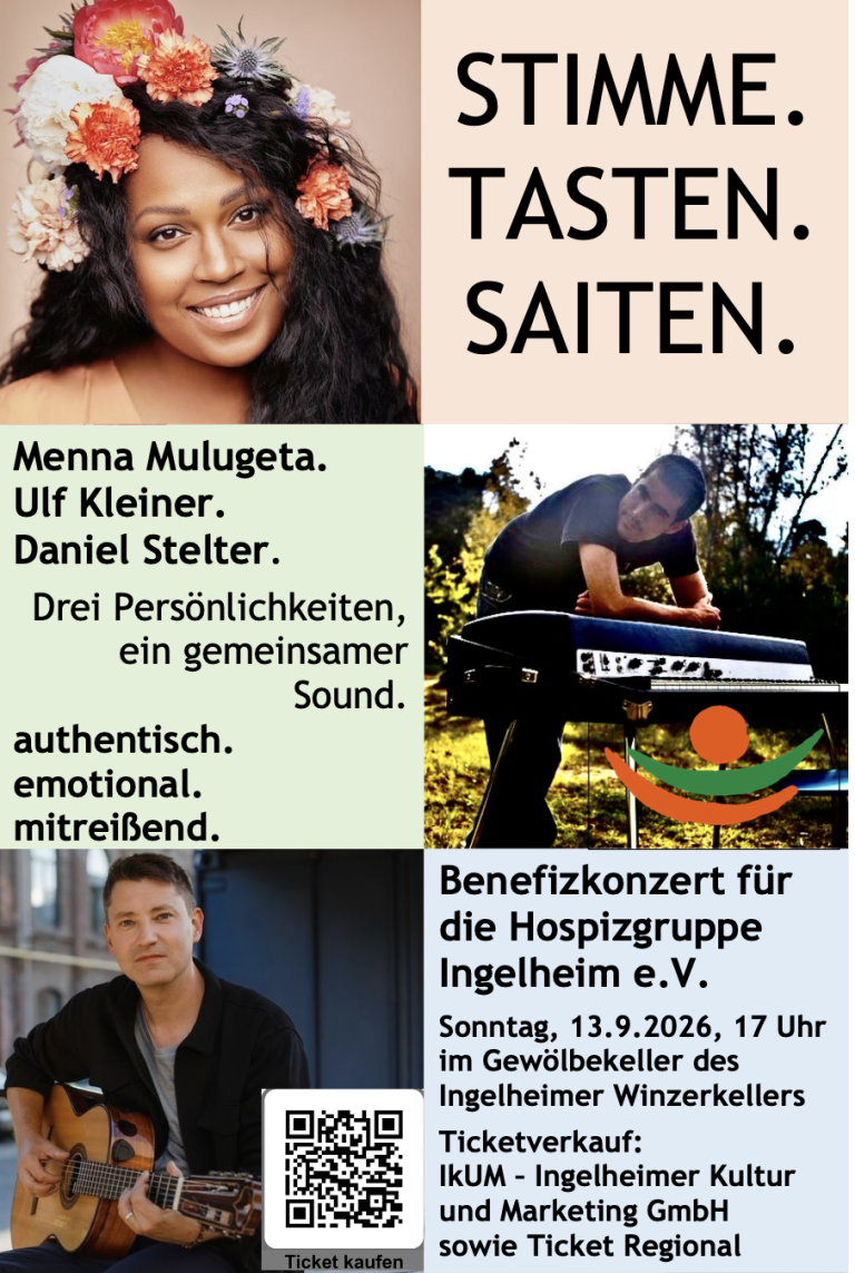 Porträt von Menna Mulugheta, Ulf Kleiner und Daniel Stellter; Konzertankündigung mit Details.