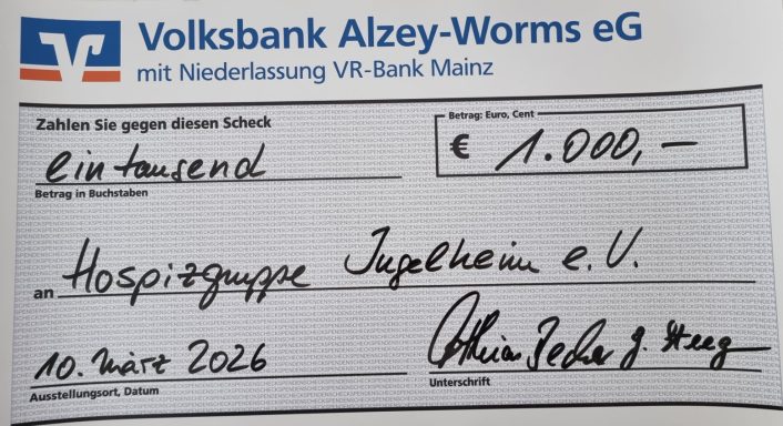 Scheck über 1.000 Euro an die Hospizgruppe Jugenheim e.V. vom 10. März 2026.
