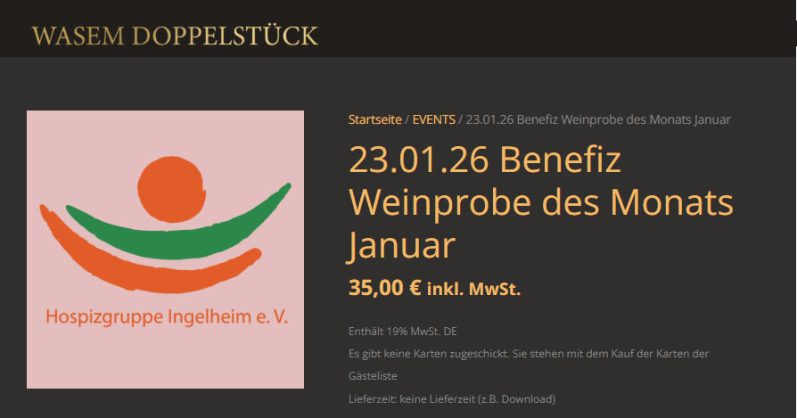 Scheckübergabe von Marie Wasem an die Hospizgruppe Ingelheim Logo der Veranstaltung "Benefiz Weinprobe des Monats Januar" mit Datum und Preis.