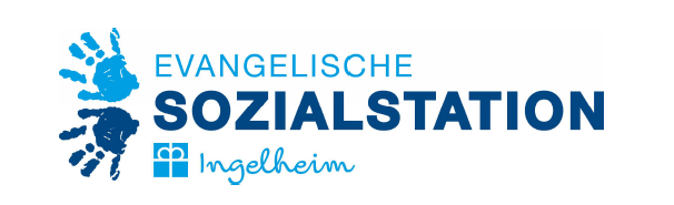 Logo der Evangelischen Sozialstation Ingolstadt, blau mit Händen und Symbolen.